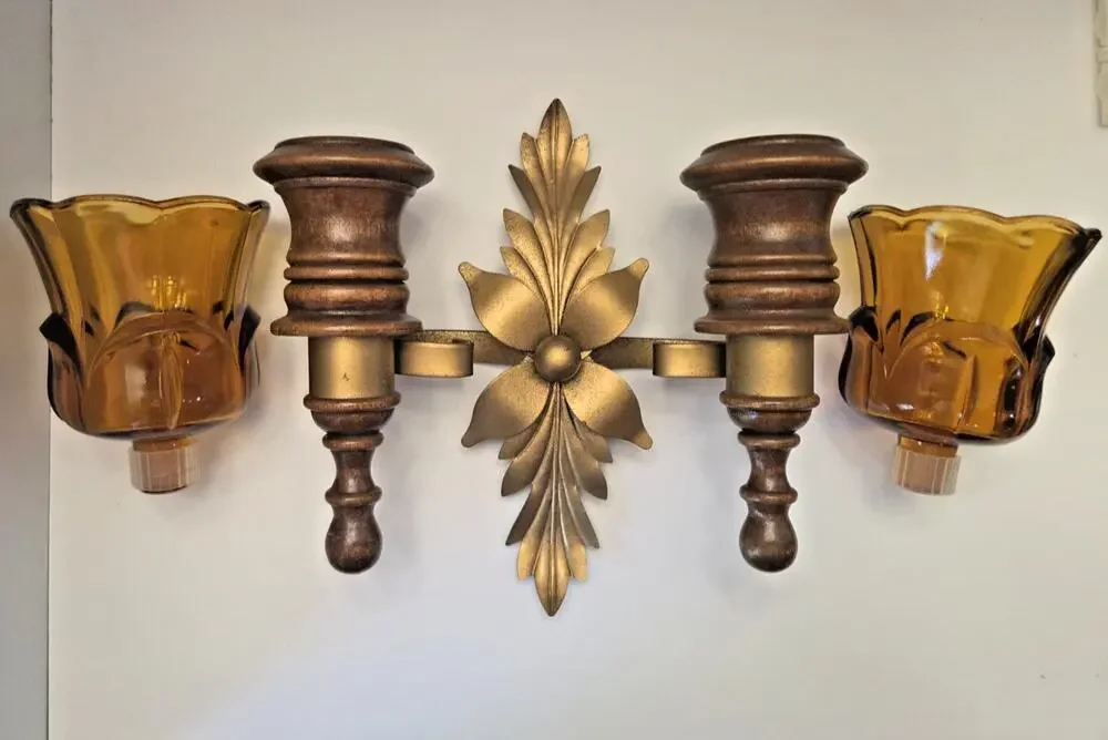 Vintage Homco Double Wall Sconce - Wood, Brass Finish & Amber Glass Sconces
